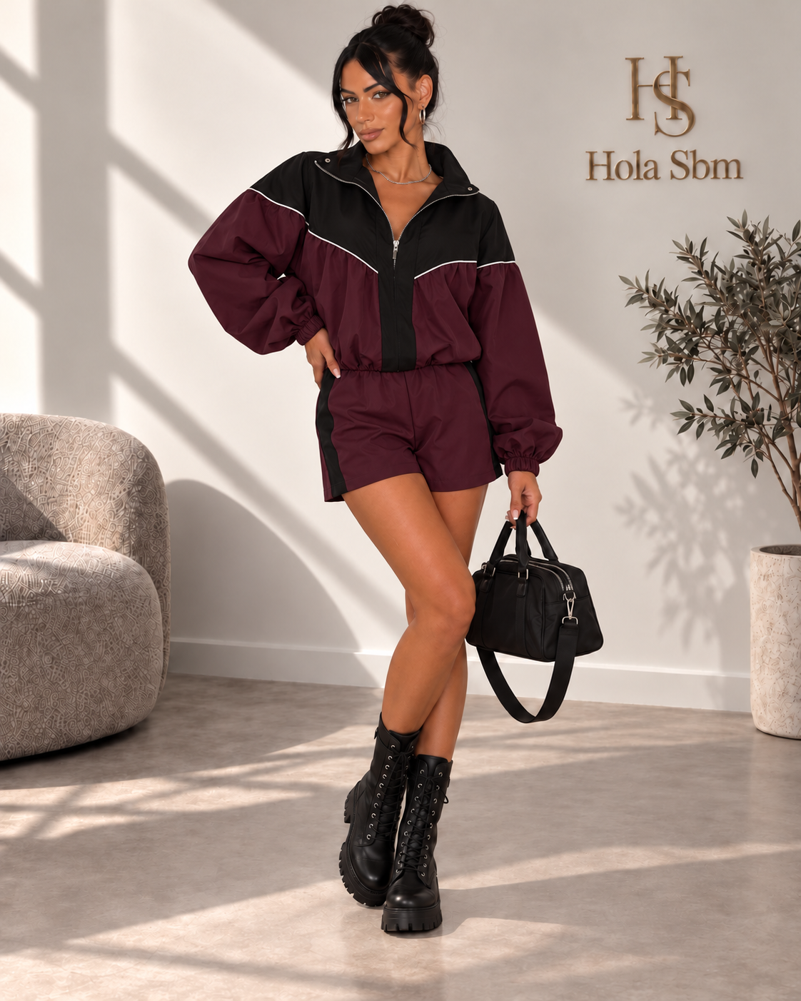 Coordset Norexa Bordeaux e nero con felpa e shorts - Hola SBM